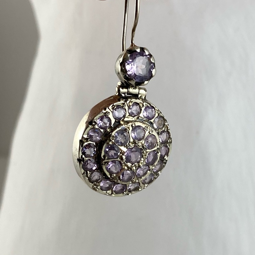 Vintage Amethyst and Silver Medallion Drop Earrings - Picture 5 of 8
